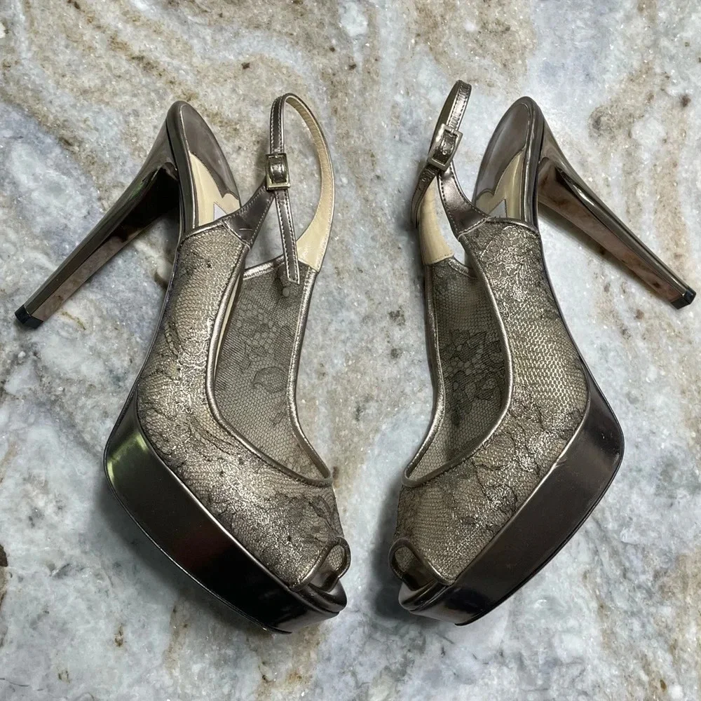 Jimmy Choo Metallic Brown Lace Dahlia Peep Toe Pumps Size 37